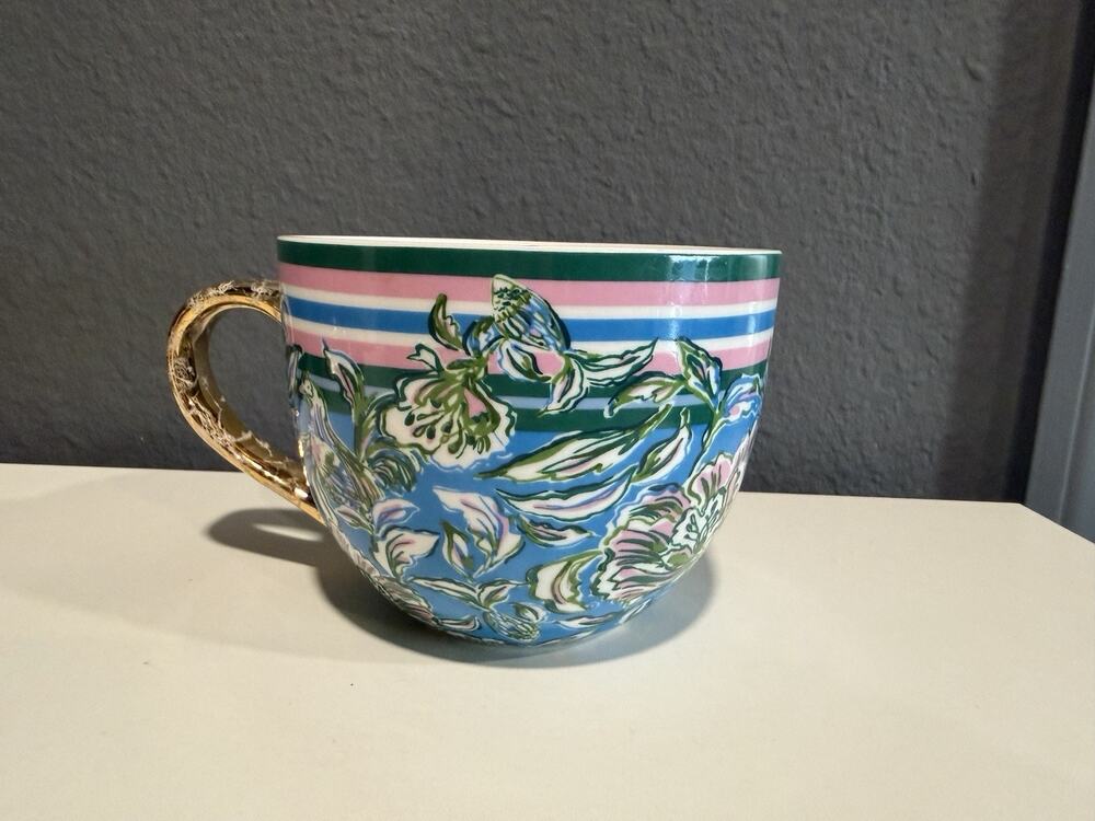 Lilly Pulitzer Blue Floral Chick Magnet Gold Handle Ceramic Coffee Mug